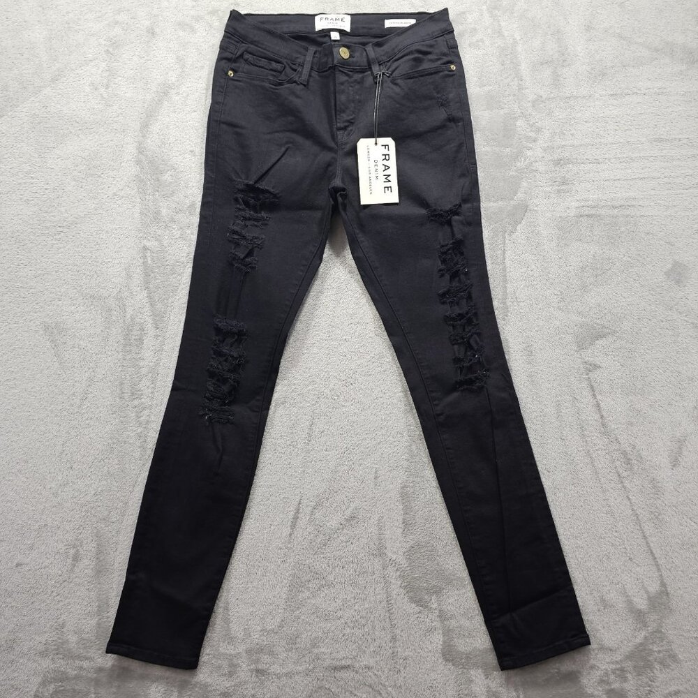 Frame Jeans Womens 29 Black Denim Le Skinny de Jeanne Distressed Film Noir NWT